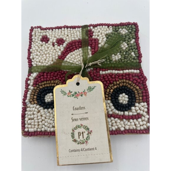 Beaded Coasters Set Of 4 By Pier 1 Imports Red Pickup Truck Design Made In India - Picture 2 of 4